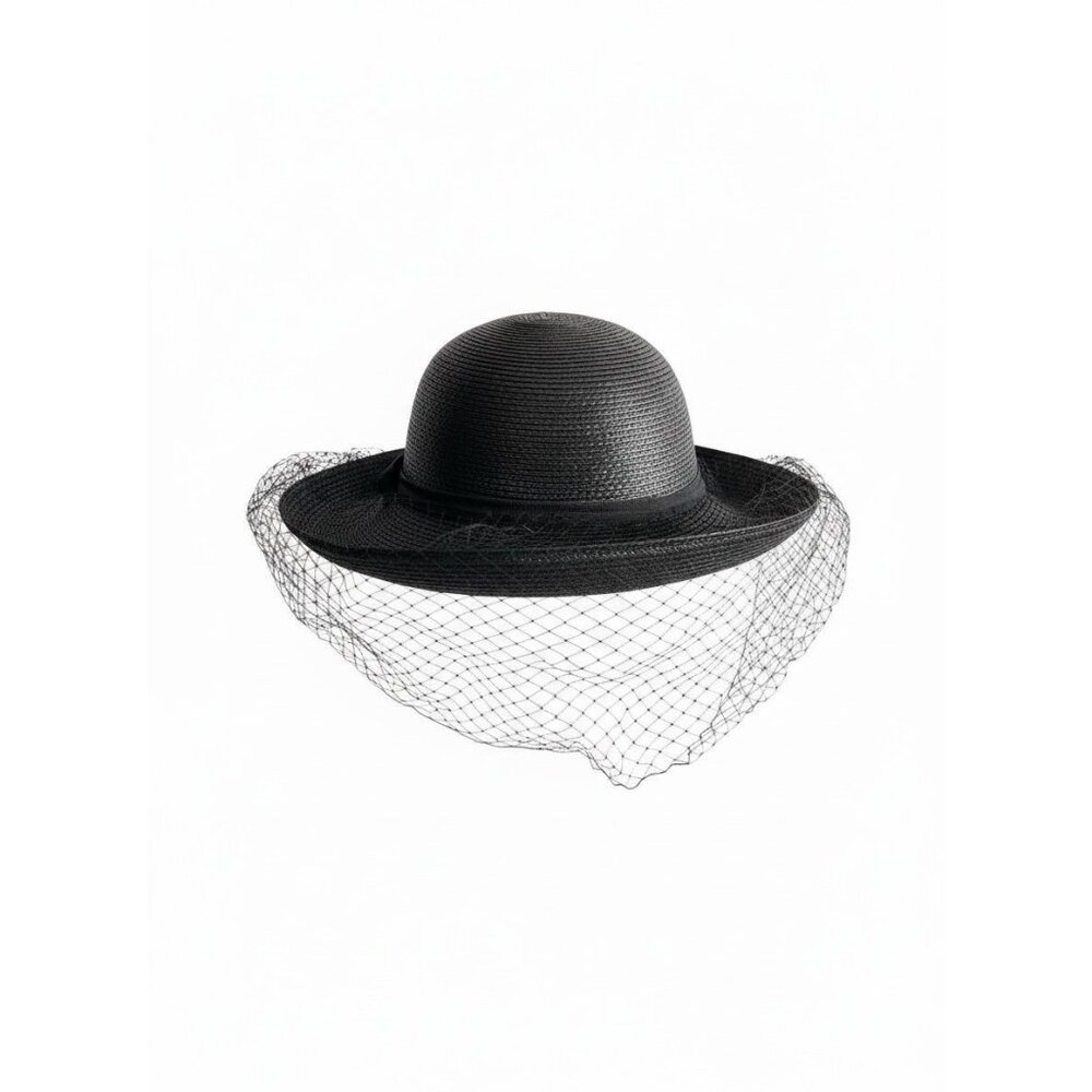 Vintage 1960s–1970s Black Woven Straw Hat with Veil Bow Trim Made in Taiwan R.O.